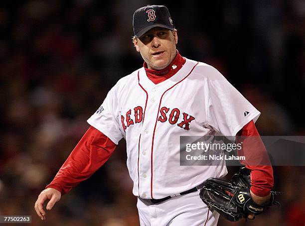 Curt Schilling of the Boston Red Sox walks off the mound during Game Two of the 2007 Major League Baseball World Series against the Colorado Rockies...
