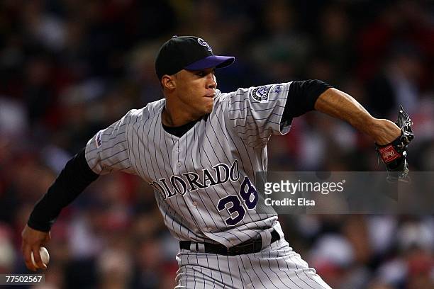 Ubaldo Jimenez of the Colorado Rockies pitches against the Boston Red Sox during Game Two of the 2007 Major League Baseball World Series at Fenway...