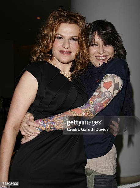 Chrissy Hynde wearing a tattoo bodystocking and Sandra Bernhard arrives at her stand up show after party at the Bungalow 8,St.Martin's Lane Hotel on...