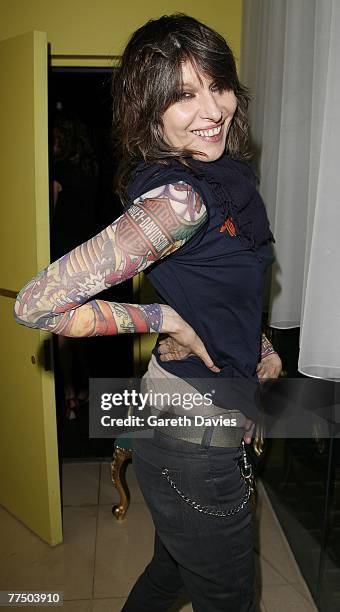 Chrissy Hynde wearing tattoo bodystocking arrives at Sandra Bernhard's stand up show party at the Bungalow 8,St.Martin's Lane Hotel on October 25,...