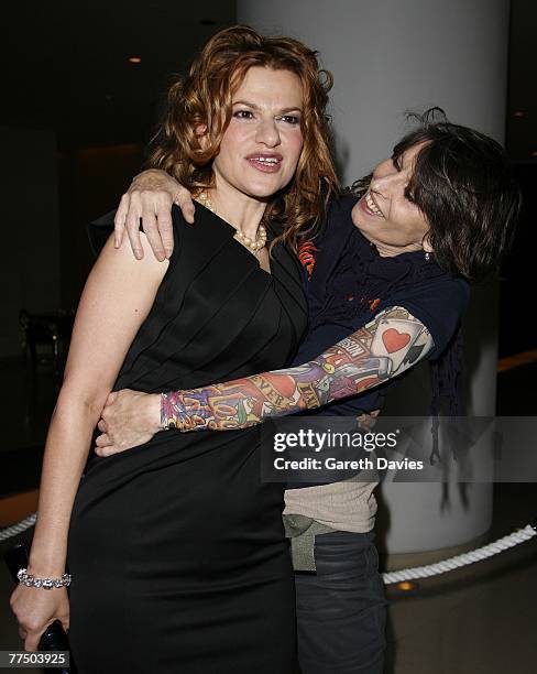 Chrissy Hynde wearing a tattoo bodystocking and Sandra Bernhard arrives at her stand up show after party at the Bungalow 8,St.Martin's Lane Hotel on...