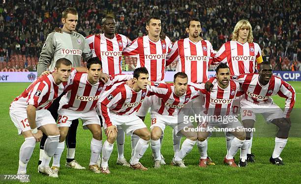 The players of Belgrade pose prior to the UEFA Cup group F match between Crvena Zvezda and Bayern Munich at Crvena Zvezda Stadium on October 25, 2007...