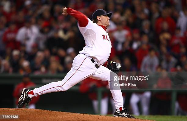 Curt Schilling of the Boston Red Sox pitches against the Colorado Rockies during Game Two of the 2007 Major League Baseball World Series at Fenway...