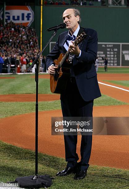 James Taylor performs the national anthem before the Boston Red Sox take on the Colorado Rockies during Game Two of the 2007 Major League Baseball...