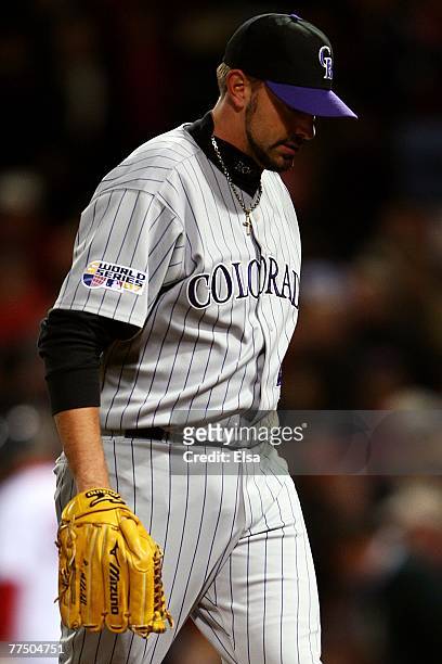 Jeremy Affeldt of the Colorado Rockies walks off the field during Game Two of the 2007 Major League Baseball World Series against the Boston Red Sox...