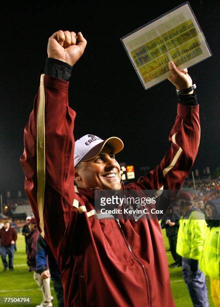 Head coach Jeff Jagodzinski of the Boston College Eagles while looking at the fans after their 14-10 win over the Virginia Tech Hokies in the final...