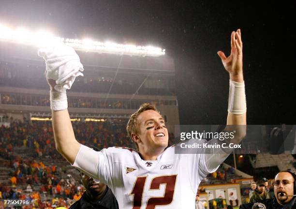 Quarterback Matt Ryan of the Boston College Eagles celebrates towards the fans after their 14-10 win over the Virginia Tech Hokies in the final...