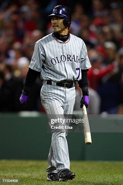 Kazuo Matsui of the Colorado Rockies walks off after striking out against the Boston Red Sox during Game Two of the 2007 Major League Baseball World...