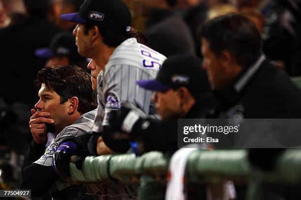 Todd Helton and the Colorado Rockies sit dejected in the dugout during Game Two of the 2007 Major League Baseball World Series against the Boston Red...