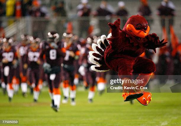 The mascot of the Virginia Tech Hokies leads the team onto the field to face the Boston College Eagles at Lane Stadium October 25, 2007 in...