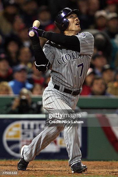 Kazuo Matsui of the Colorado Rockies pops up against the Boston Red Sox during Game Two of the 2007 Major League Baseball World Series at Fenway Park...