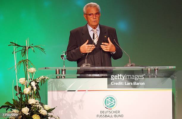 Doctor Friedel Guett speaks during the second day of the DFB Bundestag at the Rheingoldhalle on October 26, 2007 in Mainz, Germany.