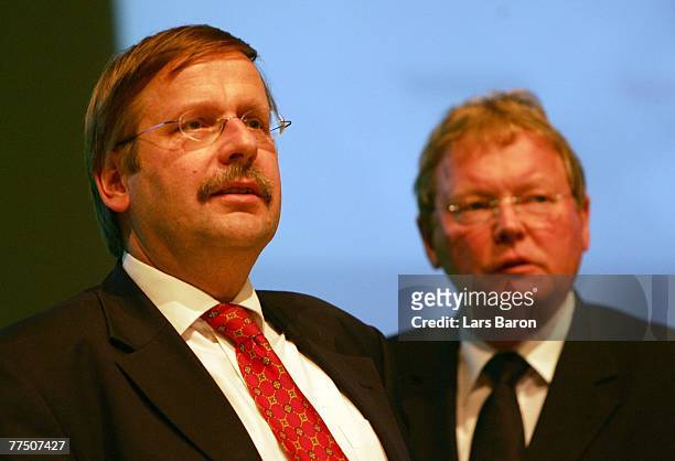 Doctor Rainer Koch is seen next to Hermann Korfmacher during the second day of the DFB Bundestag at the Rheingoldhalle on October 26, 2007 in Mainz,...