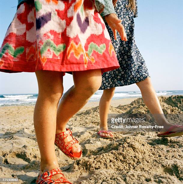 two scandinavian girls walking on the beach. - girl sandals stock pictures, royalty-free photos & images