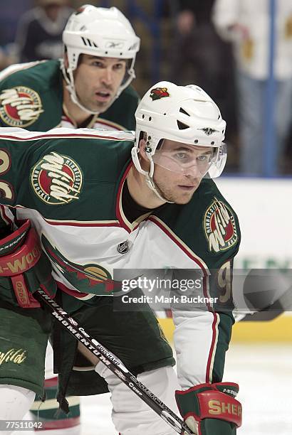 Pierre-Marc Bouchard of the Minnesota Wild waits for a faceoff against the St. Louis Blues on October 20, 2007 at Scottrade Center in St. Louis,...