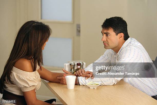 Actress Lorena Rojas and actor Mauricio Islas are seen performing a scene from an upcoming episode of the Telemundo soap opera "Pecados Ajenos" on...