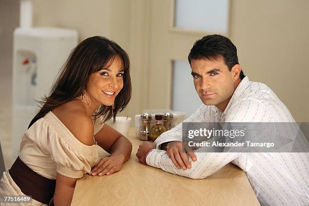 Actress Lorena Rojas and actor Mauricio Islas are seen performing a scene from an upcoming episode of the Telemundo soap opera "Pecados Ajenos" on...