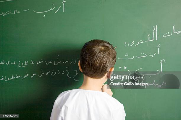 arab boy writing on a blackboard in a classroom, rear view. dubai, united arab emirates - united arab emirates stock-fotos und bilder