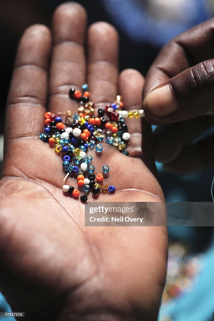 Beaded Necklace being made by an African Woman. Bosbokstrand, Eastern Cape Province, South Africa