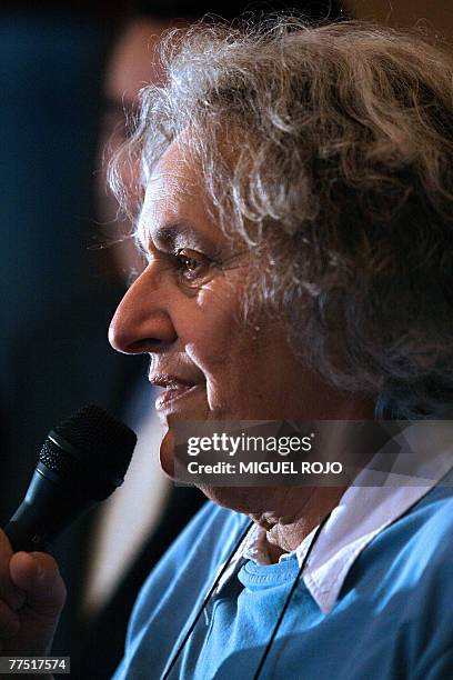 French stage director Ariane Mnouchkine, founder of the Theatre du Soleil company, gives a talk at the foyer of the Solis Theatre in Montevideo, on...