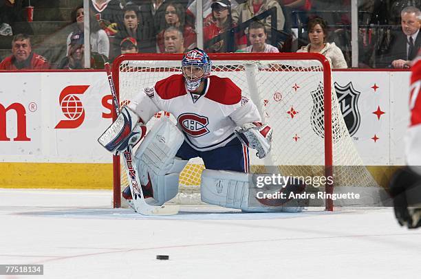 Rookie Carey Price of the Montreal Canadiens controls a rebound against the Ottawa Senators at Scotiabank Place on October 18, 2007 in Ottawa,...