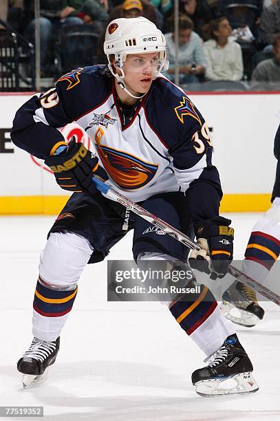 Tobias Enstrom of the Atlanta Thrashers skates against the Nashville Predators on October 25, 2007 at the Sommet Center in Nashville, Tennessee.