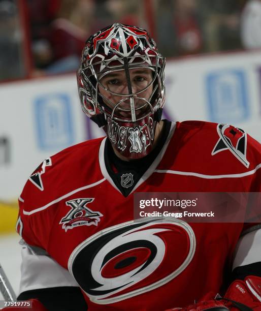 Cam Ward of the Carolina Hurricanes prepares for the third period against the Buffalo Sabres at RBC Center on October 24, 2007 in Raleigh, North...