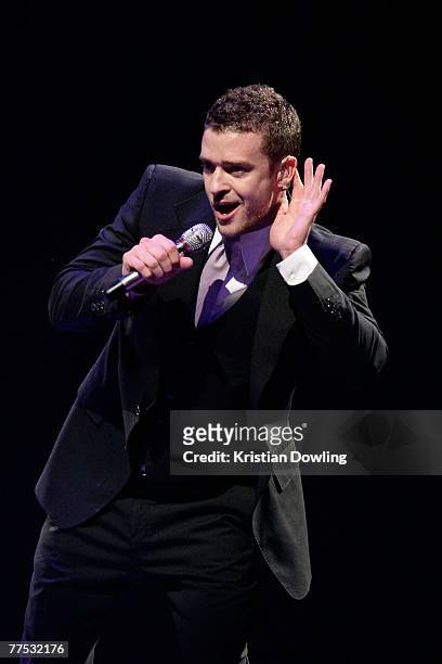 Singer Justin Timberlake performs on stage at the first Australian concert of his "FutureSexLoveShow" at the Brisbane Entertainment Centre on October...
