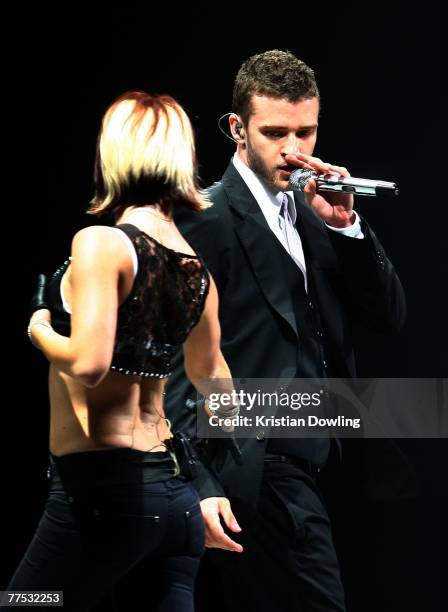 Singer Justin Timberlake performs on stage at the first Australian concert of his "FutureSexLoveShow" at the Brisbane Entertainment Centre on October...