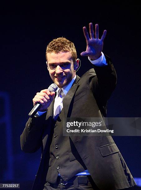 Singer Justin Timberlake performs on stage at the first Australian concert of his "FutureSexLoveShow" at the Brisbane Entertainment Centre on October...