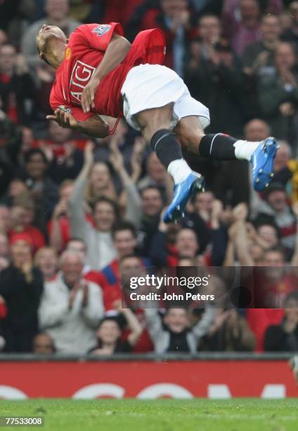 Nani of Manchester United celebrates scoring their first goal during the Barclays FA Premier League match between Manchester United and Middlesbrough...