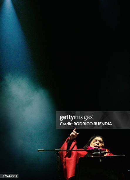 Argentine folk singer Mercedes Sosa performs during a concert at the Rumi?ahui coliseum in Quito, Ecuador, on October 26th, 2007. AFP PHOTO/Rodrigo...