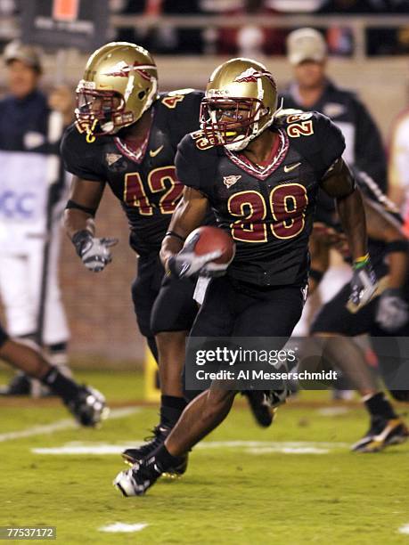 Cornerback Michael Ray Garvin of the Florida State Seminoles returns a kick against the Duke Blue Devils at Doak Campbell Stadium on October 27, 2007...