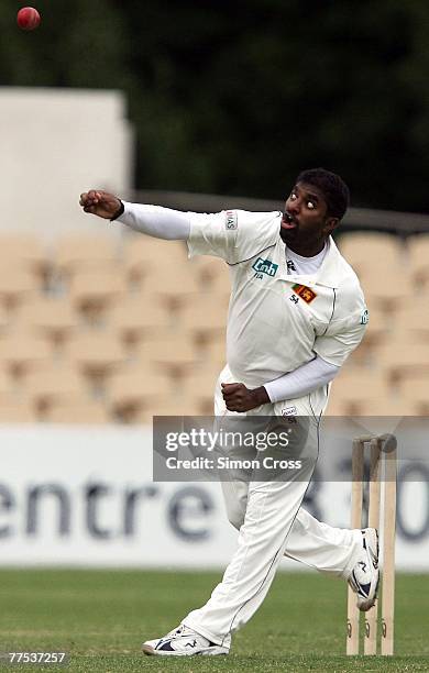 Muttiah Muralitharan of Sri Lanka bowls during day two of the match between the Chairman's XI and Sri Lanka held at Adelaide Oval October 28, 2007 in...