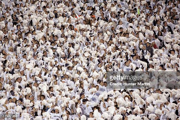 Penn State students cheer their Nittany Lions after staging a "white out" during the game against the Ohio State Buckeyes at Beaver Stadium October...