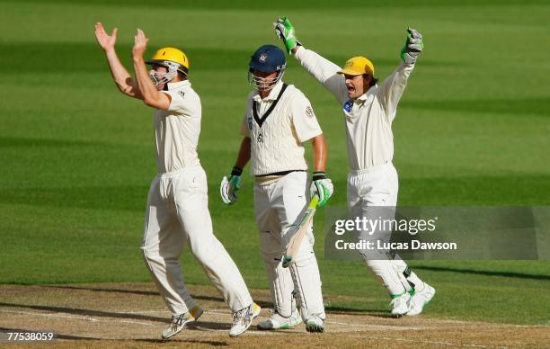 Nick Jewell of Bushrangers is given out during day three of the Pura Cup match between the Bushrangers and the Warriors held at the Melbourne Cricket...