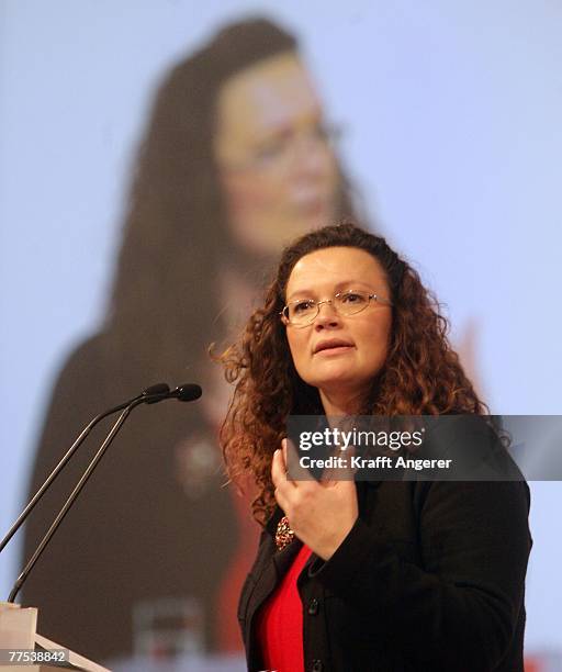 Deputy chairwoman Andrea Nahles speaks during the final day of the SPD Party Congress on October 28, 2007 in Hamburg, Germany. The Social Democrats...