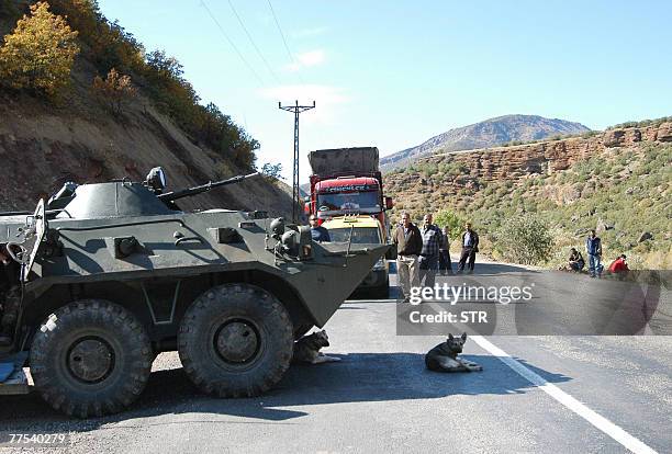 Turkish armoured personnel carrier blocks the road 28 October 2007 in the eastern province of Tunceli. The Turkish army today killed 15 Kurdish...