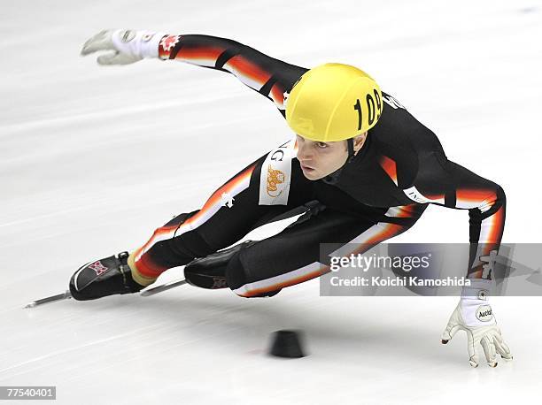 Francois-Louis Tremblay of Canada skates in the men's 500 Metres Final during the ISU World Cup Short Track at the Port Island Sports Center on...
