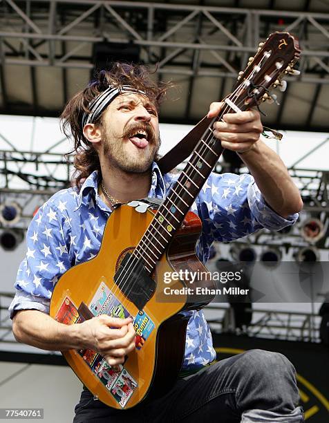 Eugene Hutz of the band Gogol Bordello performs during the Vegoose music festival at Sam Boyd Stadium's Star Nursery Field October 27, 2007 in Las...