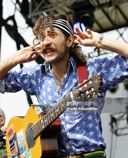 Eugene Hutz of the band Gogol Bordello performs during the Vegoose music festival at Sam Boyd Stadium's Star Nursery Field October 27, 2007 in Las...