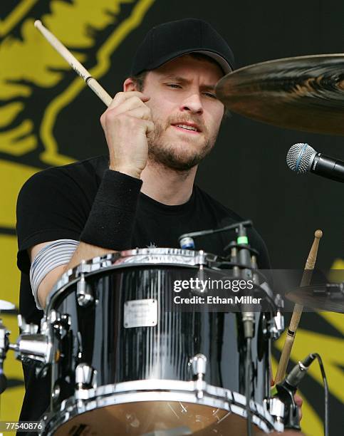 Eliot Ferguson of the band Gogol Bordello performs during the Vegoose music festival at Sam Boyd Stadium's Star Nursery Field October 27, 2007 in Las...