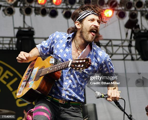 Eugene Hutz of the band Gogol Bordello performs during the Vegoose music festival at Sam Boyd Stadium's Star Nursery Field October 27, 2007 in Las...