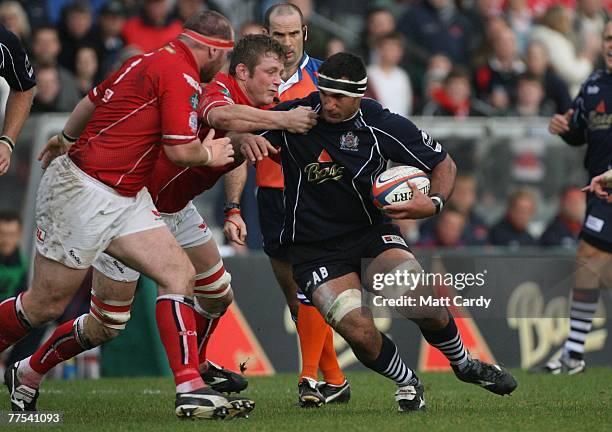 Andrew Blowers of Bristol is tackled during the EDF Energy Cup match between Bristol and Llanelli at the Memorial Stadium on October 28, 2007 in...