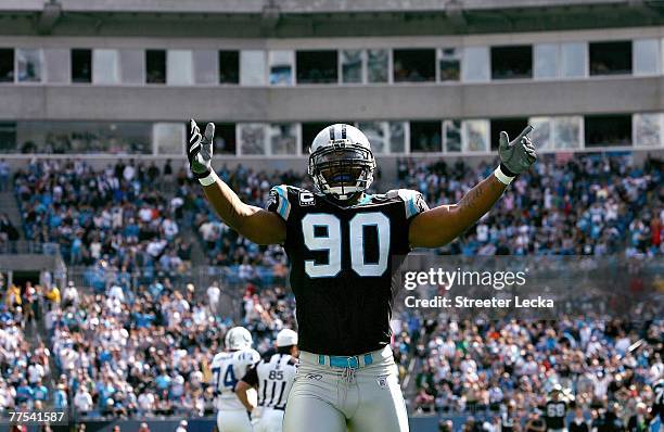 Julius Peppers of the Carolina Panthers celebrates after a defensive stop against the Indianapolis Colts during their game at Bank of America Stadium...