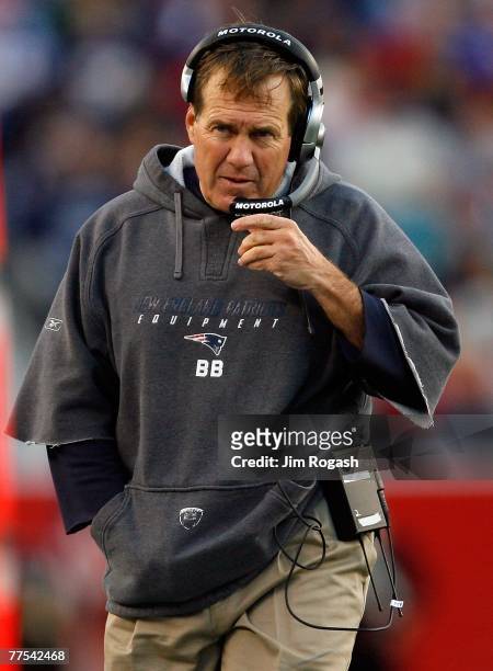 Head coach Bill Belichick of the New England Patriots walks the sideline in the first half against the Washington Redskins on October 28, 2007 at...
