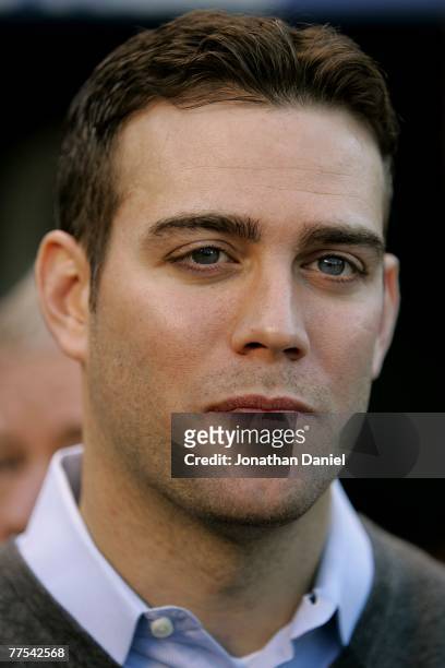 Theo Epstein, Executive Vice President/General Manager of the Boston Red Sox, talks with the media prior to Game Four of the 2007 Major League...