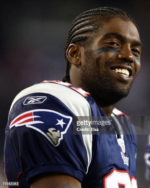 Randy Moss of the New England Patriots celebrates the win over the Washington Redskins at Gillette Stadium October 28, 2007 in Foxboro,...