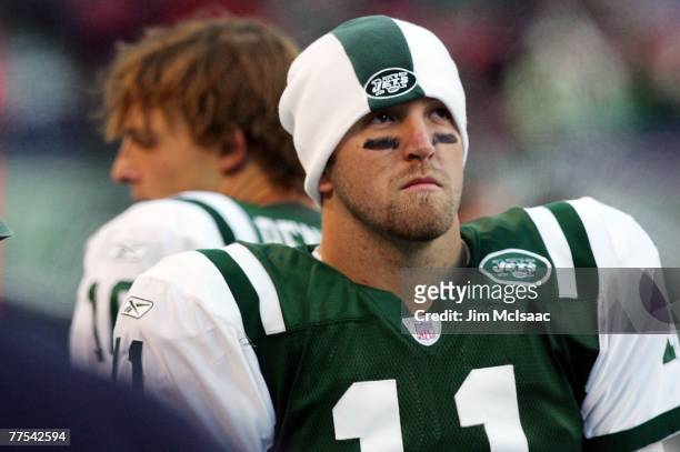 Kellen Clemens of the New York Jets looks on against the Buffalo Bills at Giants Stadium October 28, 2007 in East Rutherford, New Jersey.