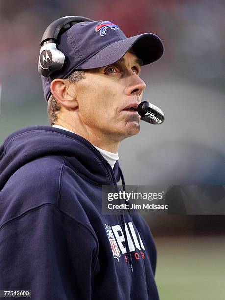 Head coach Dick Jauron of the Buffalo Bills looks on against the New York Jets at Giants Stadium October 28, 2007 in East Rutherford, New Jersey. The...
